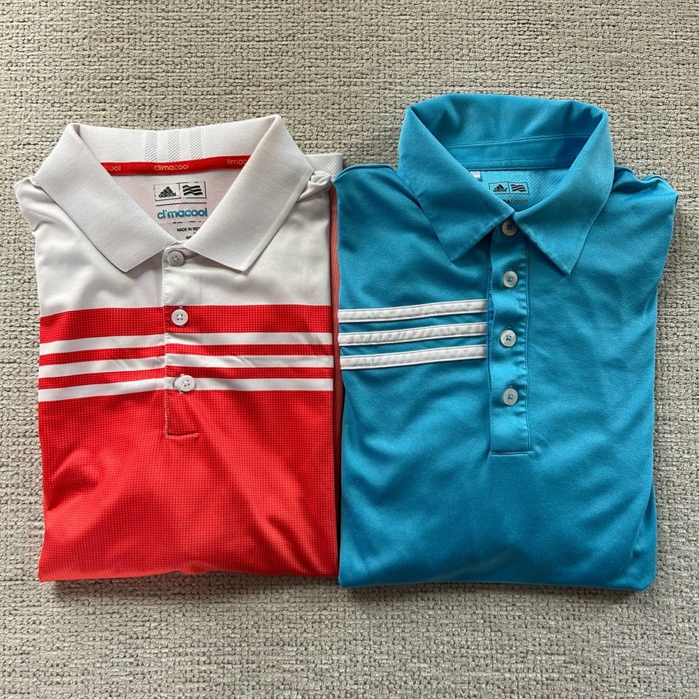 2 Adidas Burnt Orange & White Ombré &Turquoise Blue Polo Shirts Size Sm.Like New